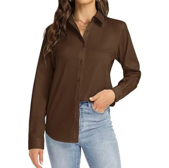 Button Down Long Sleeve Stretch Solid Work Shirt Coffee - Picture 2 of 6